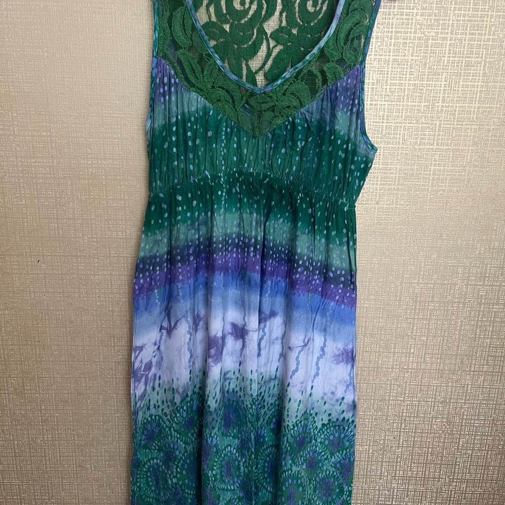 Emerald Green and Purple Lace-Trimmed Tunic Dress